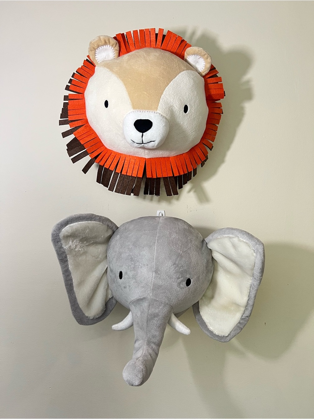 Plush elephant & lion head wall mounts Safari Theme Kids Room & Toddler Bedroom